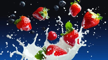 Obraz na płótnie Canvas Milk splash with fruits. White liquid with fruits and berries on black background.