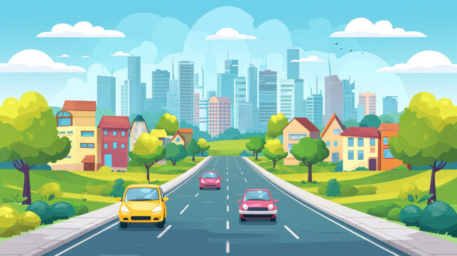 Flat vector cartoon style illustration of urban landscape road with cars skyline city office buildings and family houses in small town village in backround. 