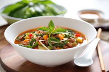 hearty minestrone in white bowl, basil garnish, wooden spoon