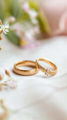 A pair of gold wedding bands on a soft background, symbolizing marriage and love, with delicate floral accents