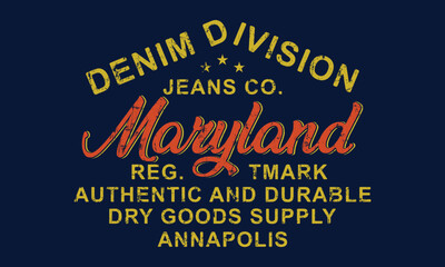 Retro college varsity typography Maryland Denim Division Authentic And Durable editable ready to use for Tee shirt, Hoodie, Sweatshirt vector artwork - obrazy, fototapety, plakaty