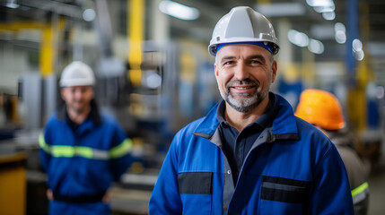 happy factory worker wearing a hard hat and work clothes