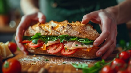 Sandwich Making, hands carefully layering and arranging ingredients on slices of bread, showcasing the thoughtfulness in creating a balanced and visually appealing sandwich. - obrazy, fototapety, plakaty