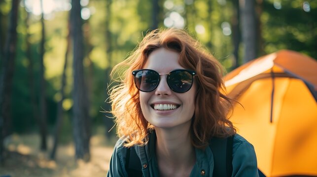 Portrait of a smiling red hair white woman wearing sunglasses camping in nature, background image, generative AI