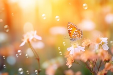  a close up of a butterfly on a flower with bubbles of water on the top of the flower and a blurry background.