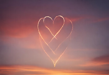 Fototapeta premium Glowing heart shape formed by light trails in a sunset sky