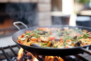 sizzling paella on outdoor grill with open flames