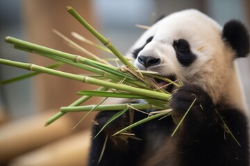 close-up of panda chewing bamboo stems
