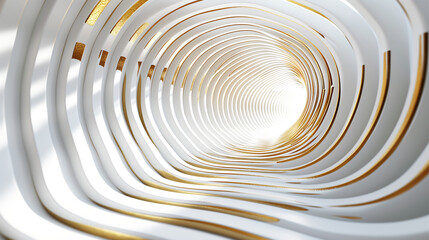 Abstract image of a tunnel hallway with white and gold curves swirling inward., 3D illustration.	