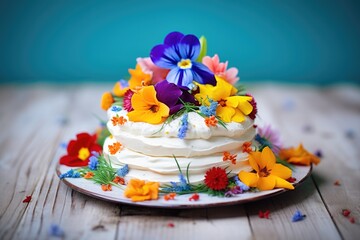 Obraz na płótnie Canvas colorful pavlova with edible flowers on top