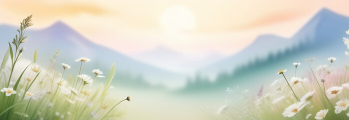 Blur meadow flowers against the background of mountains, watercolor illustration, banner for site, with copy space