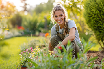Photo of nice woman happy working in garden - obrazy, fototapety, plakaty