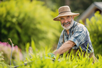 Naklejka na ściany i meble Photo of happy male working in the garden