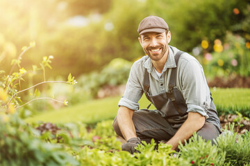 Naklejka na ściany i meble Photo of happy male working in the garden