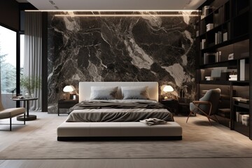  a bedroom with a large marble wall and a bed with a headboard and foot board and two lamps on either side of the bed.
