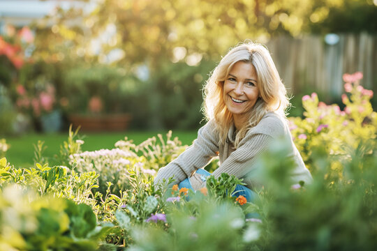 Photo of nice woman happy working in garden