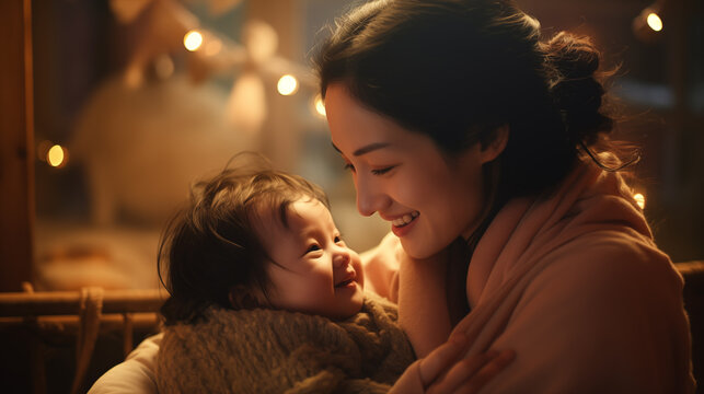A warm and cozy scene of a mother sharing a loving gaze with her smiling baby, illuminated by soft indoor lighting.

