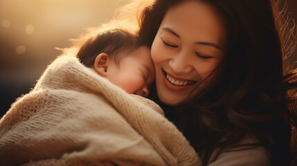 A serene moment as a mother gently holds her sleeping baby, both bathed in the warm glow of a sunset.
