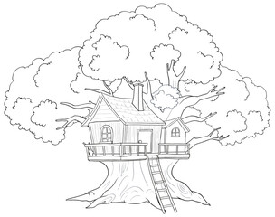 Black and white drawing of a whimsical treehouse