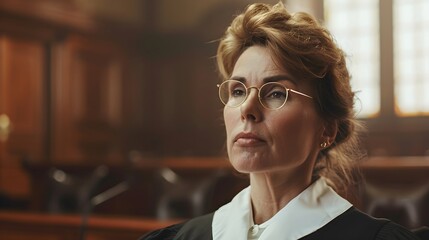 Portrait of a white middle-aged female judge on duty against court atmosphere background, background image, generative AI - obrazy, fototapety, plakaty