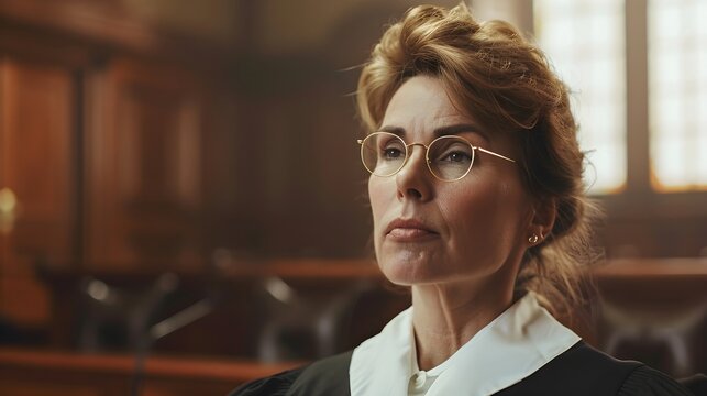 Portrait of a white middle-aged female judge on duty against court atmosphere background, background image, generative AI