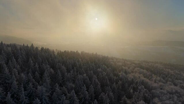 Dusk in the snowy mountains, drone footage showing fast-moving clouds and a dimly lit, snow-covered forest landscape.