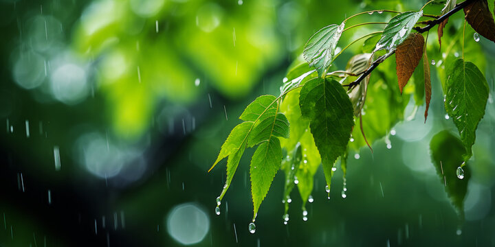 Refreshing summer rain falling on vibrant green leaves, depicting the serene beauty of nature's life-giving showers