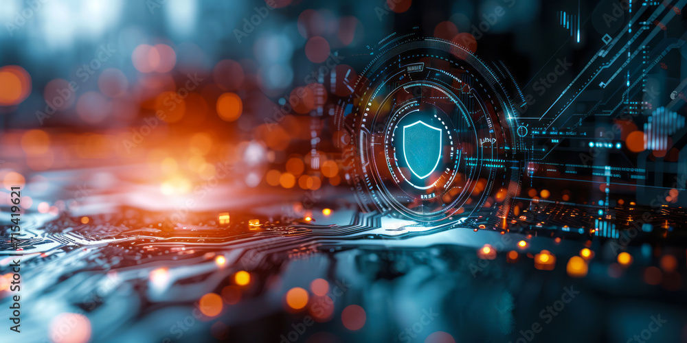 Poster cybersecurity and data protection concept with shield icon hologram over futuristic interface elemen