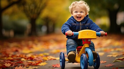 Exuberant toddler riding a tricycle on an autumn path, laughter amidst falling leaves.