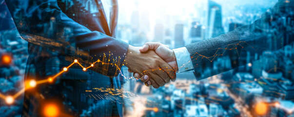 Successful business merger handshake with upward graphs symbolizing growth and teamwork in a corporate cityscape - obrazy, fototapety, plakaty