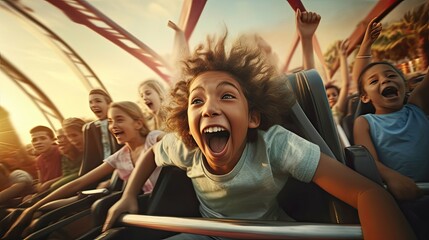 Thrilled child on a rollercoaster ride, pure excitement amidst screams and laughter. - obrazy, fototapety, plakaty
