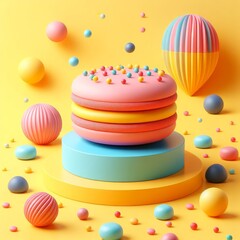 Colorful delicious macaron isolated on a yellow background. Fashion tasty dessert food concept in minimalism style. Wide screen wallpaper. Panoramic web banner with copy space for design.