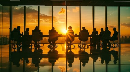 Corporate Leadership Meeting: Executives Strategizing in a Sleek Boardroom During Golden Hour