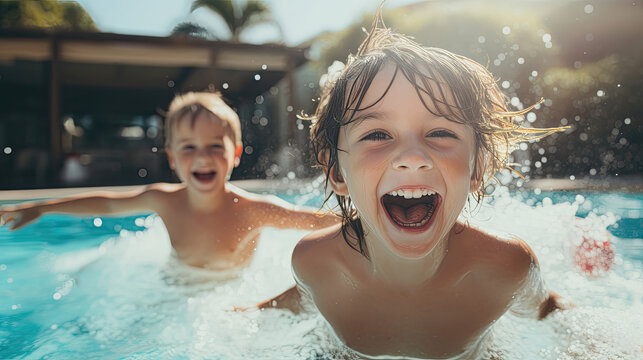 Exuberant kids playing in a pool, splashing water, and enjoying the sunshine.