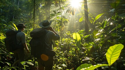Field Research Expedition: Ecologists Studying Biodiversity in a Dense Rainforest Under Soft Morning Sunlight - obrazy, fototapety, plakaty