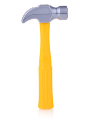 A set of toy tools isolated on a white background. Working tools for children, a hammer. Plastic tools for builder games. Role-playing games for children