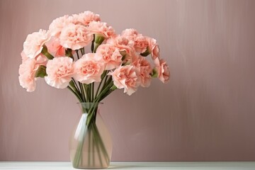  a vase filled with pink carnations sitting on top of a white table next to a pink painted wall.