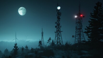 Infinite Connectivity: Wireless Network Towers Illuminated by Moonlight in a Remote Wilderness - obrazy, fototapety, plakaty