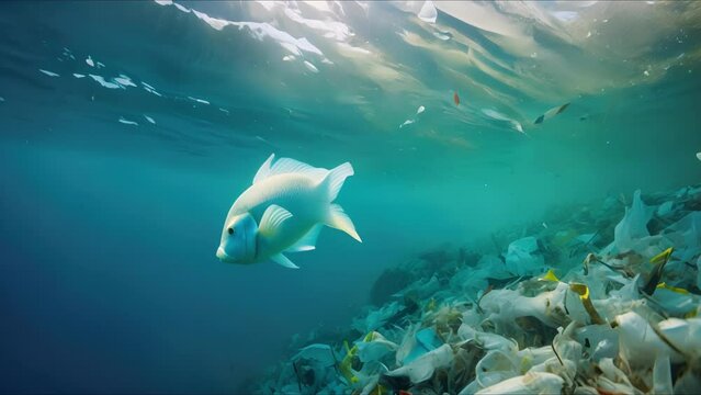 Closeup of a fish surrounded by plastic debris in the ocean, a reminder of how plastic pollution affects all forms of marine life.
