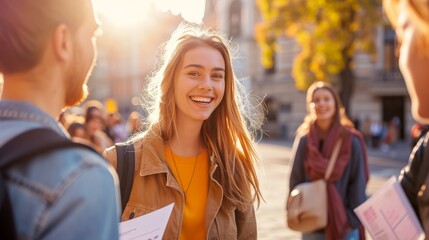 Outdoor Marketing Event: Promotional Team Distributing Flyers in a Bustling City Square at Afternoon