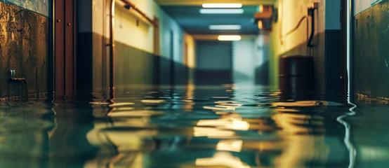 Foto op Aluminium Flooding in a corridor from a burst pipe, with reflections of light on the water's surface © Ai Studio