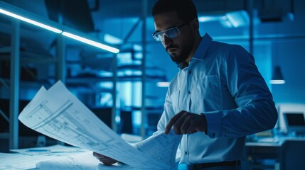 Aviation Engineering Lab: Aerospace Engineers Analyzing Blueprints Under Fluorescent Lights at Noon