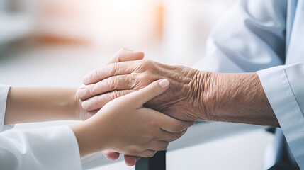 Obraz na płótnie Canvas Arthritis person's hand in support of a geriatric doctor or nursing caregiver.