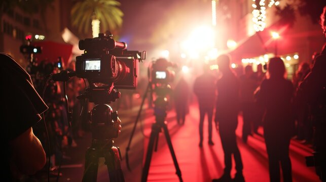 Behind the Scenes: Media Crew Capturing a Hollywood Red Carpet Premiere in the Glare of Flash Photography