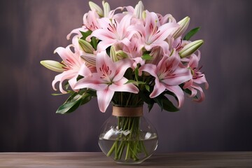  a vase filled with pink lilies sitting on top of a wooden table in front of a purple wall and a wooden table.