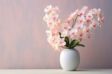  a white vase filled with pink and white flowers on top of a wooden table with a pink wall in the background.