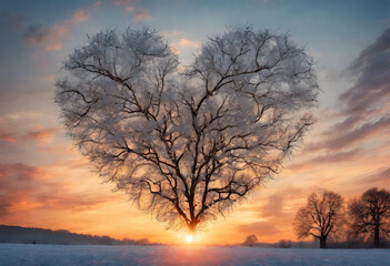 Fototapeta na wymiar silhouette of a heart shaped of death tree on sunset sky, peaceful screen concept