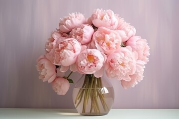  a bouquet of pink peonies in a glass vase on a white table in front of a purple wall.