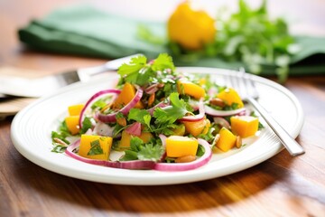 butternut salad with red onion, cilantro, lime dressing on plate