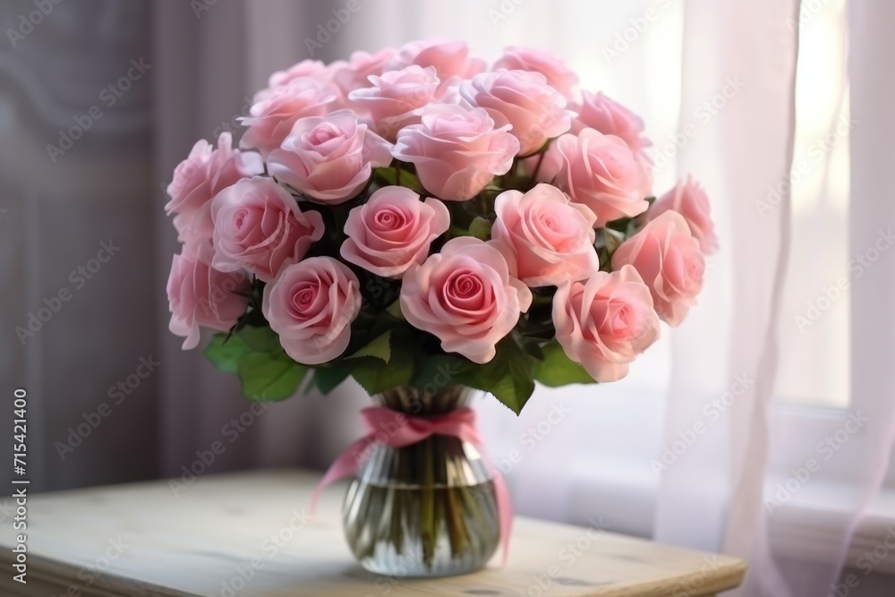 Wall mural  a bouquet of pink roses in a glass vase on a wooden table in front of a window with sheer curtains. - Wall murals